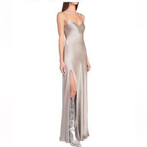 STAUD Alexa satin gown in metallic silver